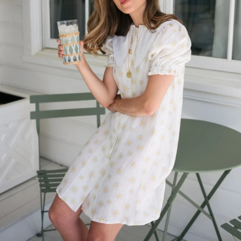 Sleeper Marie 100% linen daisy print mini dress, small - Picture 5 of 15
